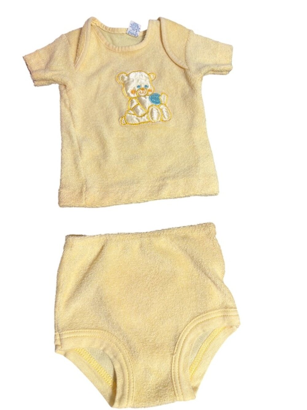 Vintage Carters Baby Yellow Terry Cloth 2 Piece Outfit Embroidered Satin Bear 6M